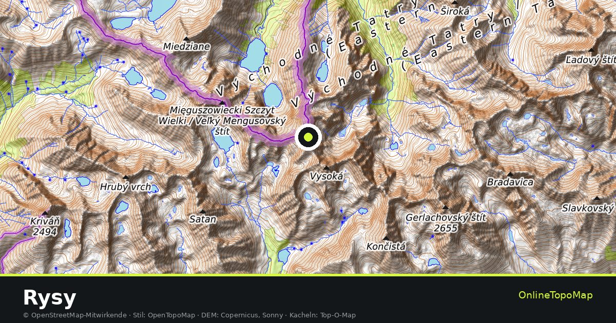 Topographische Karte von Rysy mit Höhenlinien und Geländeschattierung