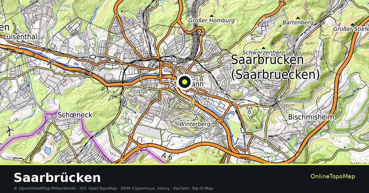 Topographische Karte von Saarbrücken mit Höhenlinien und Geländeschattierung