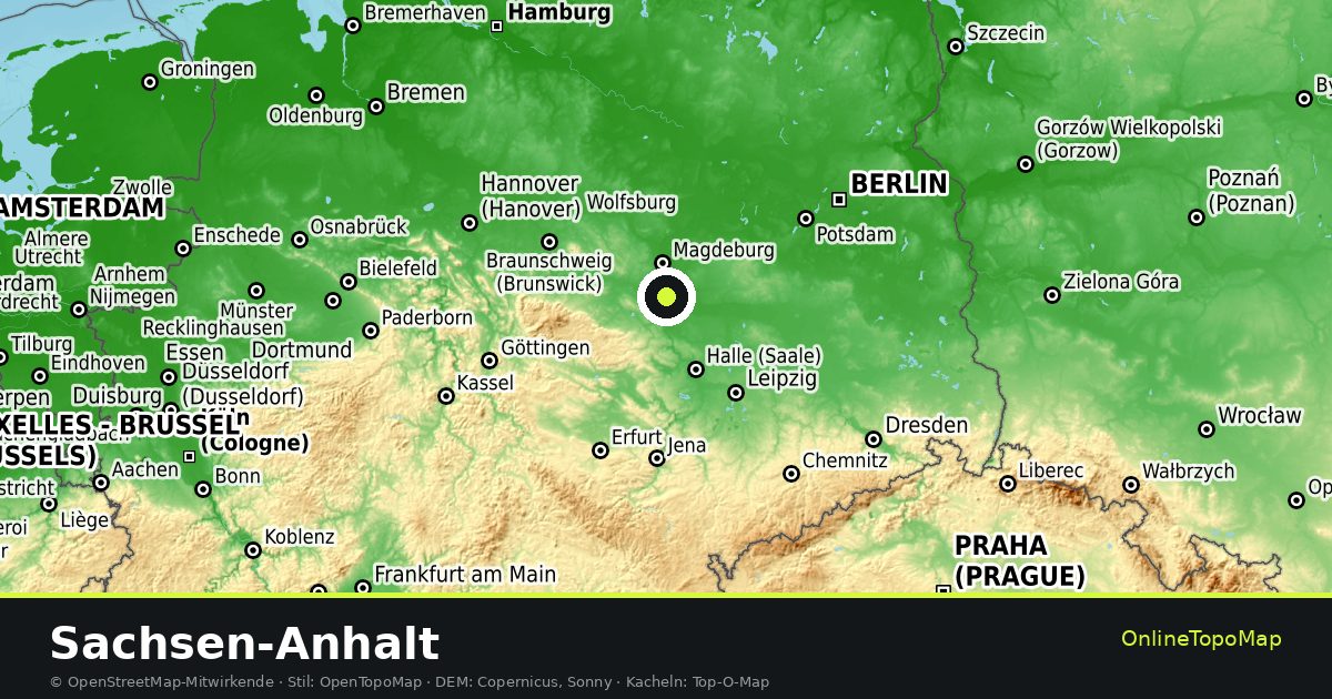 Topographische Karte von Sachsen-Anhalt mit Höhenlinien und Geländeschattierung