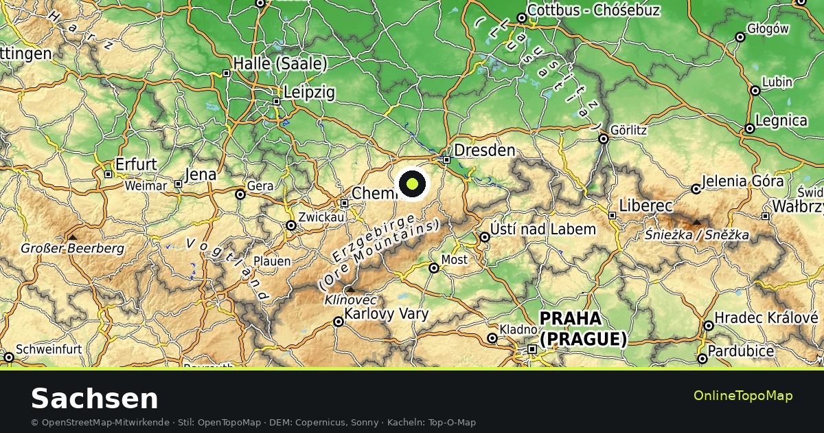 Topographische Karte von Sachsen mit Höhenlinien und Geländeschattierung