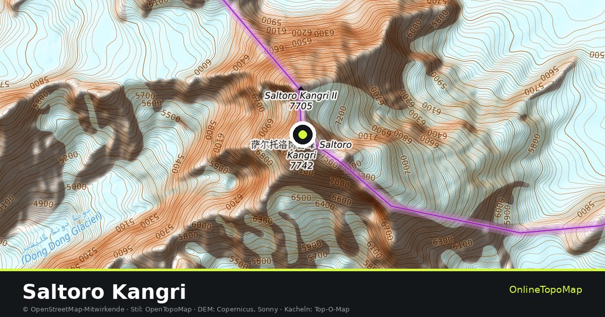 Topographische Karte von Saltoro Kangri mit Höhenlinien und Geländeschattierung