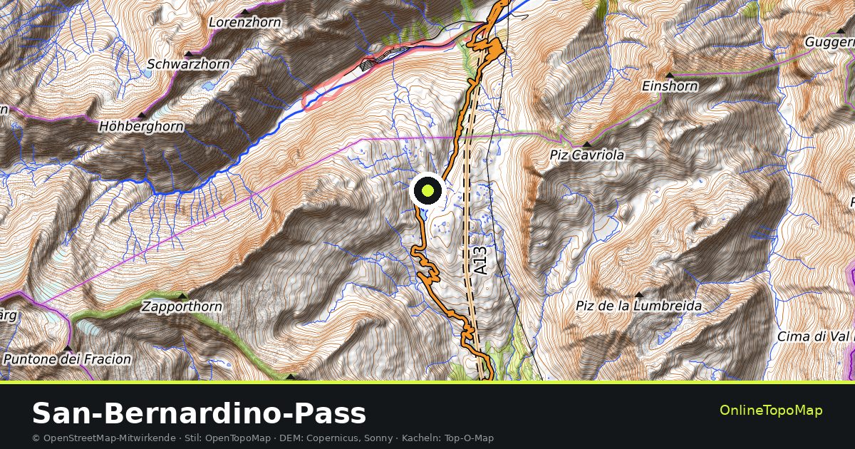 Topographische Karte von San-Bernardino-Pass mit Höhenlinien und Geländeschattierung