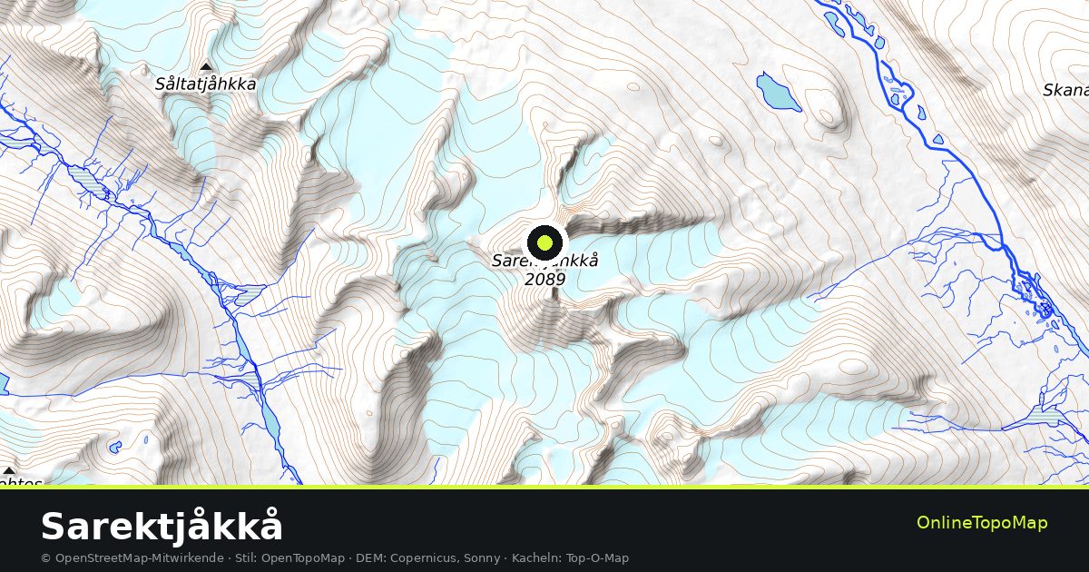 Topographische Karte von Sarektjåkkå mit Höhenlinien und Geländeschattierung