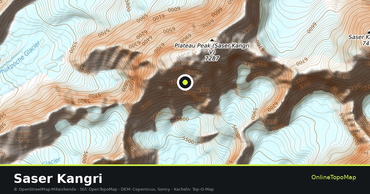 Topographische Karte von Saser Kangri mit Höhenlinien und Geländeschattierung