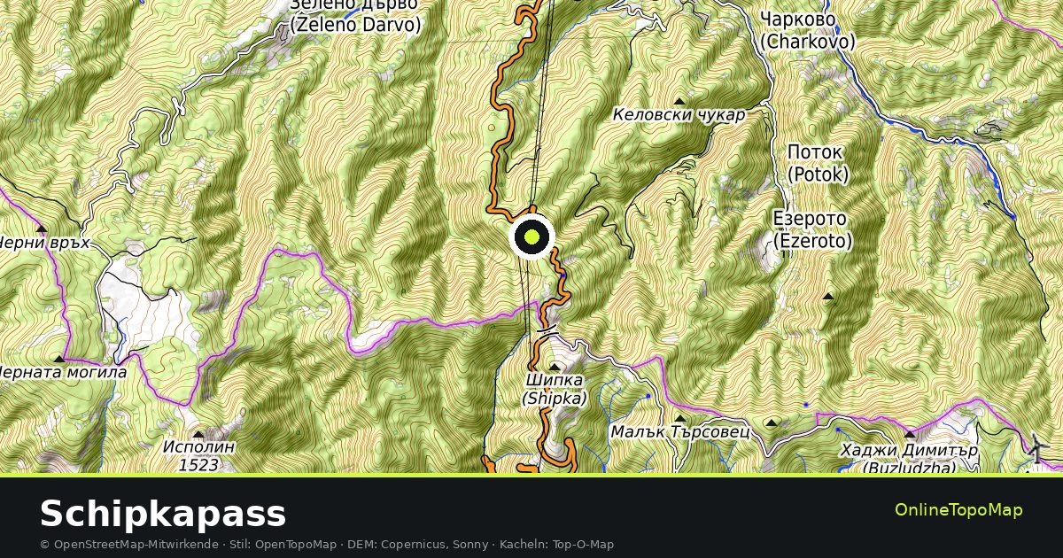 Topographische Karte von Schipkapass mit Höhenlinien und Geländeschattierung