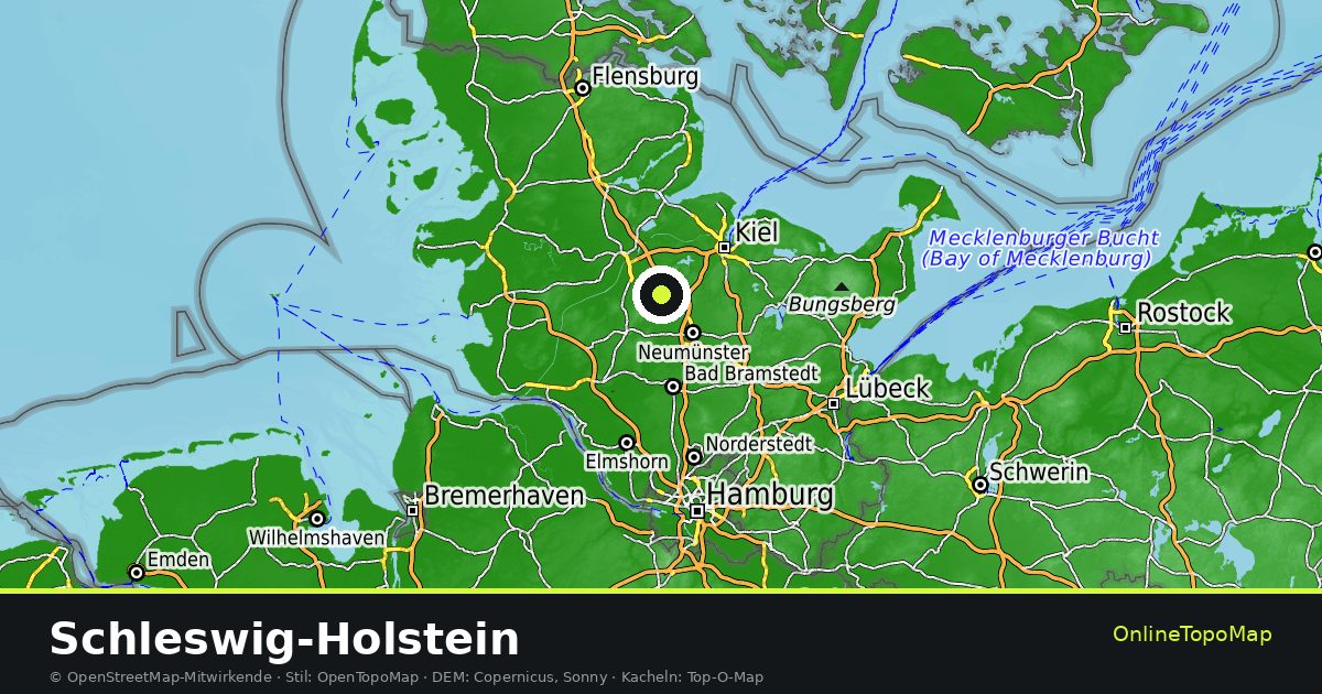 Topographische Karte von Schleswig-Holstein mit Höhenlinien und Geländeschattierung