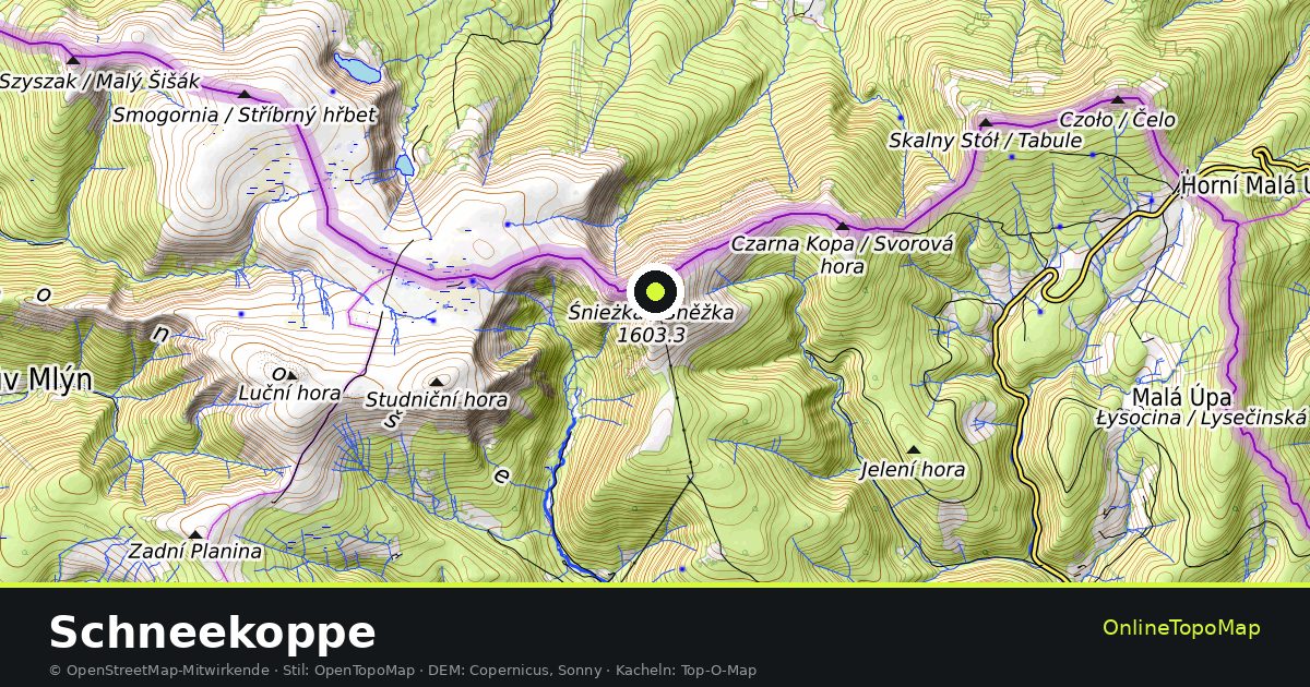 Topographische Karte von Schneekoppe mit Höhenlinien und Geländeschattierung
