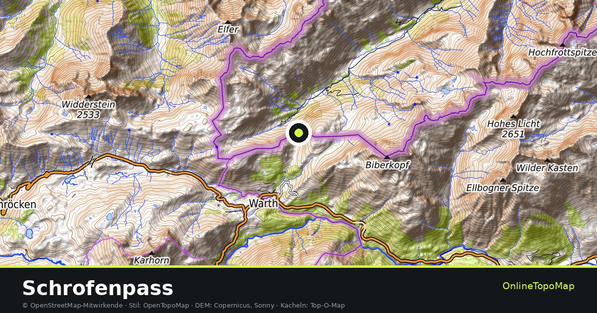 Topographische Karte von Schrofenpass mit Höhenlinien und Geländeschattierung