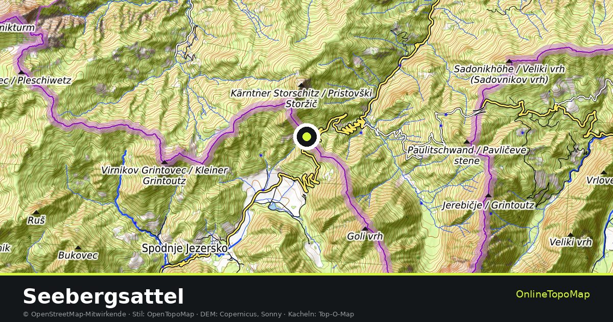 Topographische Karte von Seebergsattel mit Höhenlinien und Geländeschattierung