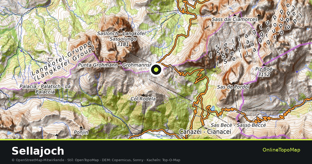 Topographische Karte von Sellajoch mit Höhenlinien und Geländeschattierung