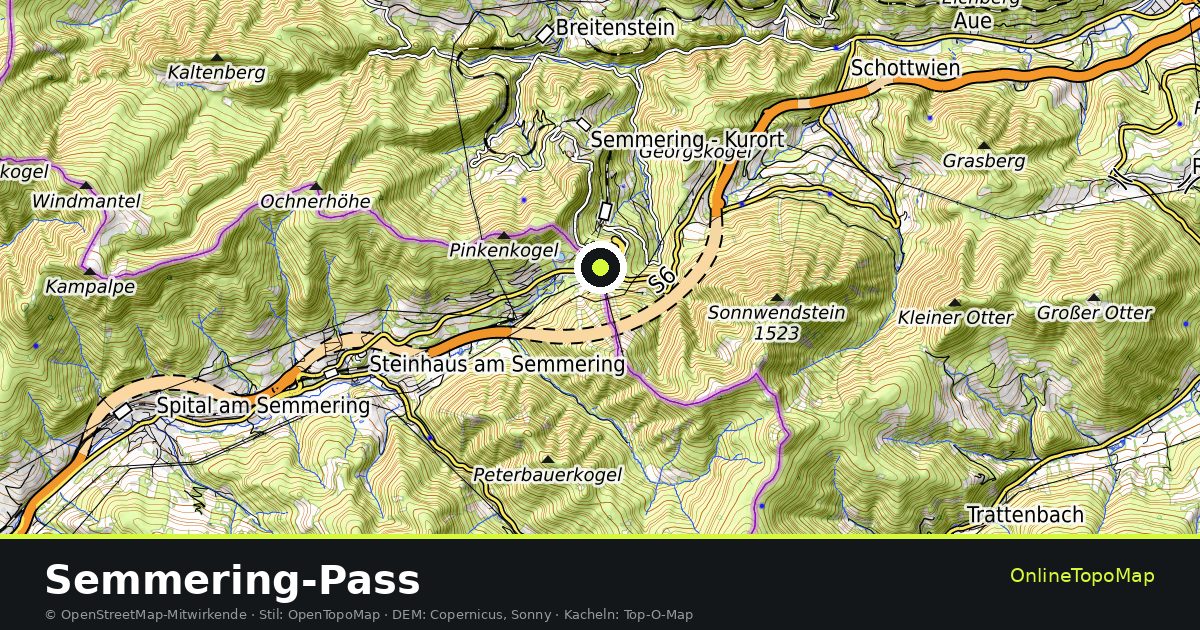 Topographische Karte von Semmering-Pass mit Höhenlinien und Geländeschattierung