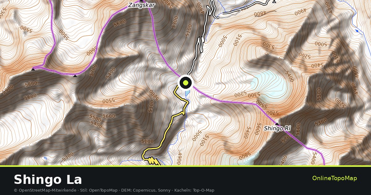 Topographische Karte von Shingo La mit Höhenlinien und Geländeschattierung