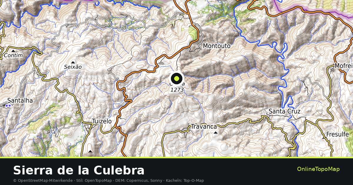 Topographische Karte von Sierra de la Culebra mit Höhenlinien und Geländeschattierung