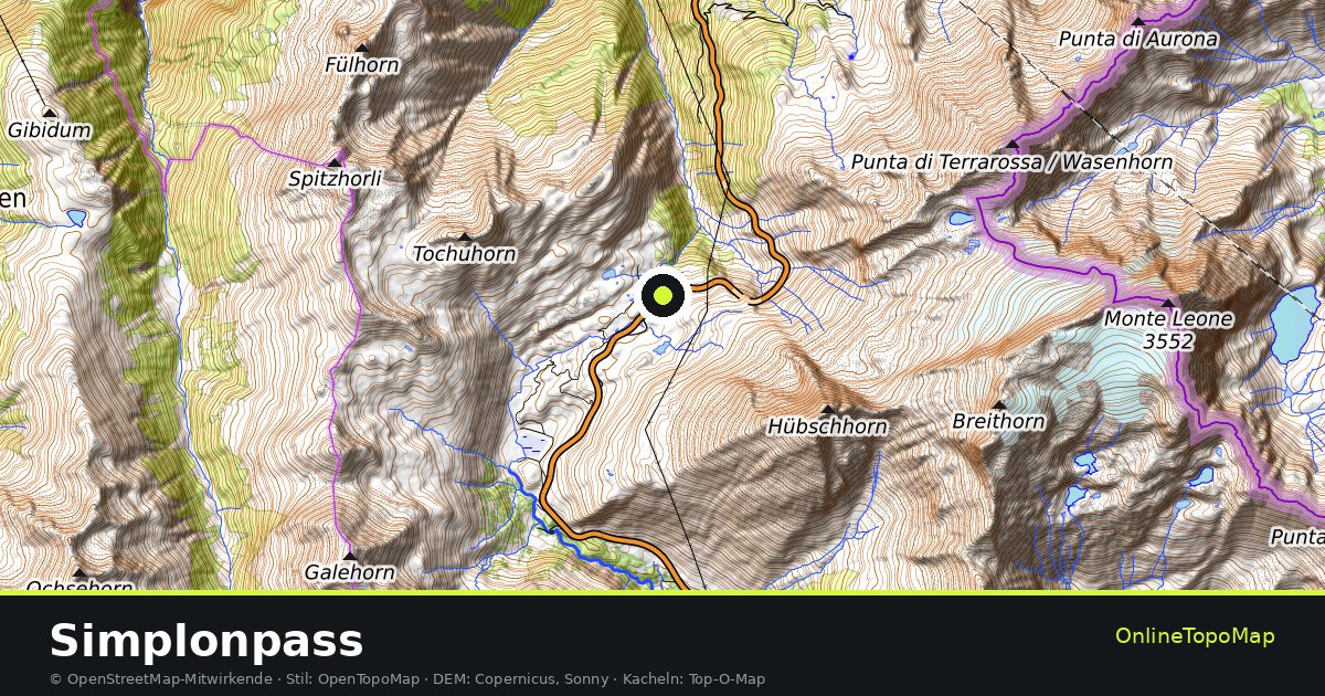 Topographische Karte von Simplonpass mit Höhenlinien und Geländeschattierung
