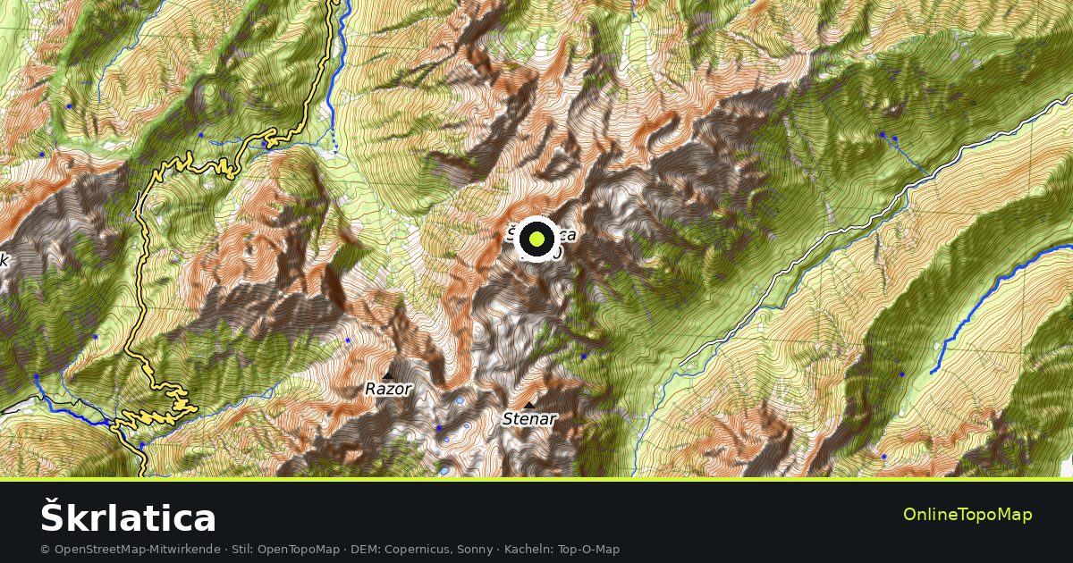 Topographische Karte von Škrlatica mit Höhenlinien und Geländeschattierung