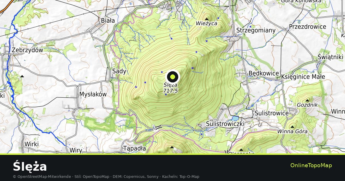Topographische Karte von Ślęża mit Höhenlinien und Geländeschattierung