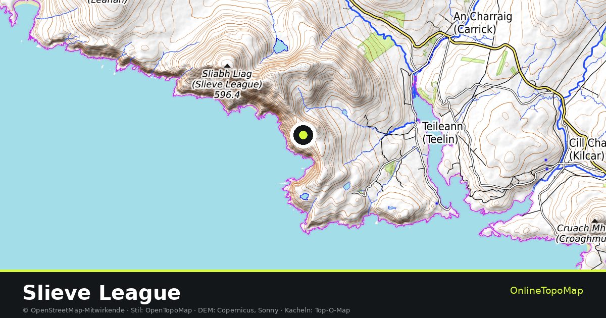 Topographische Karte von Slieve League mit Höhenlinien und Geländeschattierung