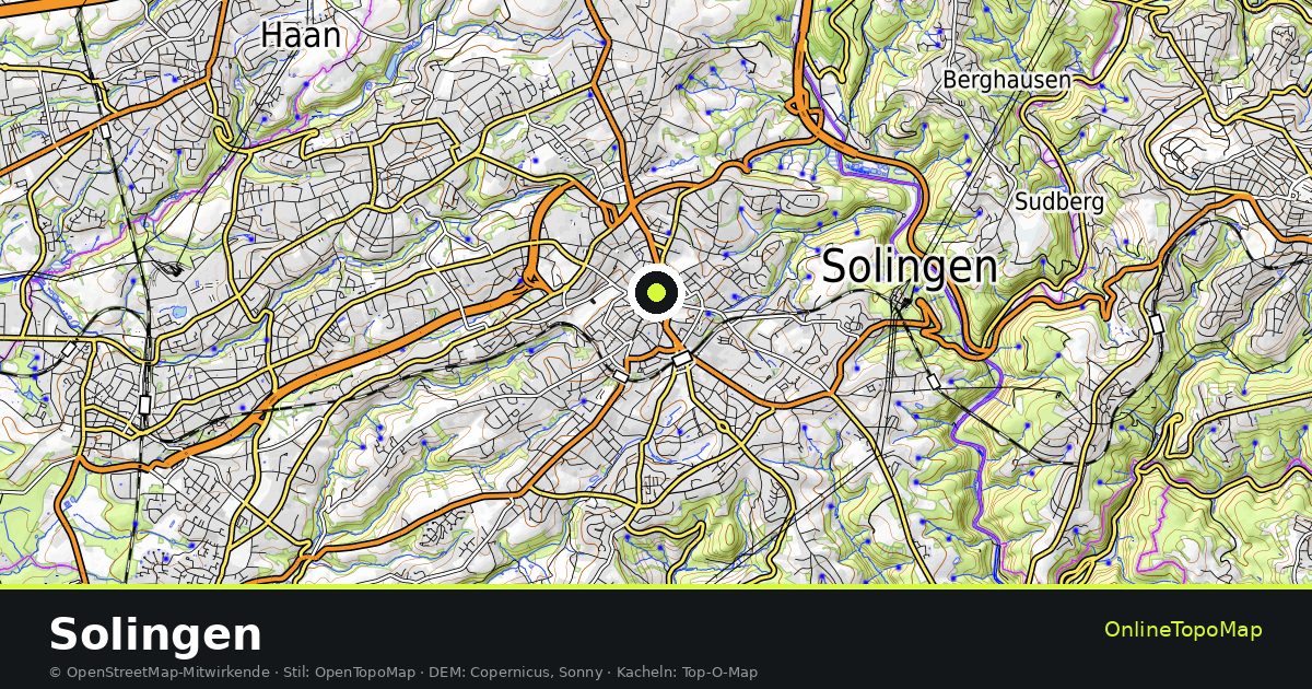 Topographische Karte von Solingen mit Höhenlinien und Geländeschattierung