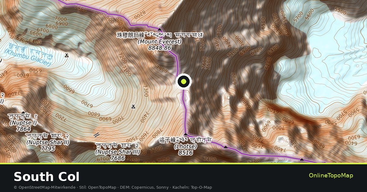 Topographische Karte von South Col mit Höhenlinien und Geländeschattierung