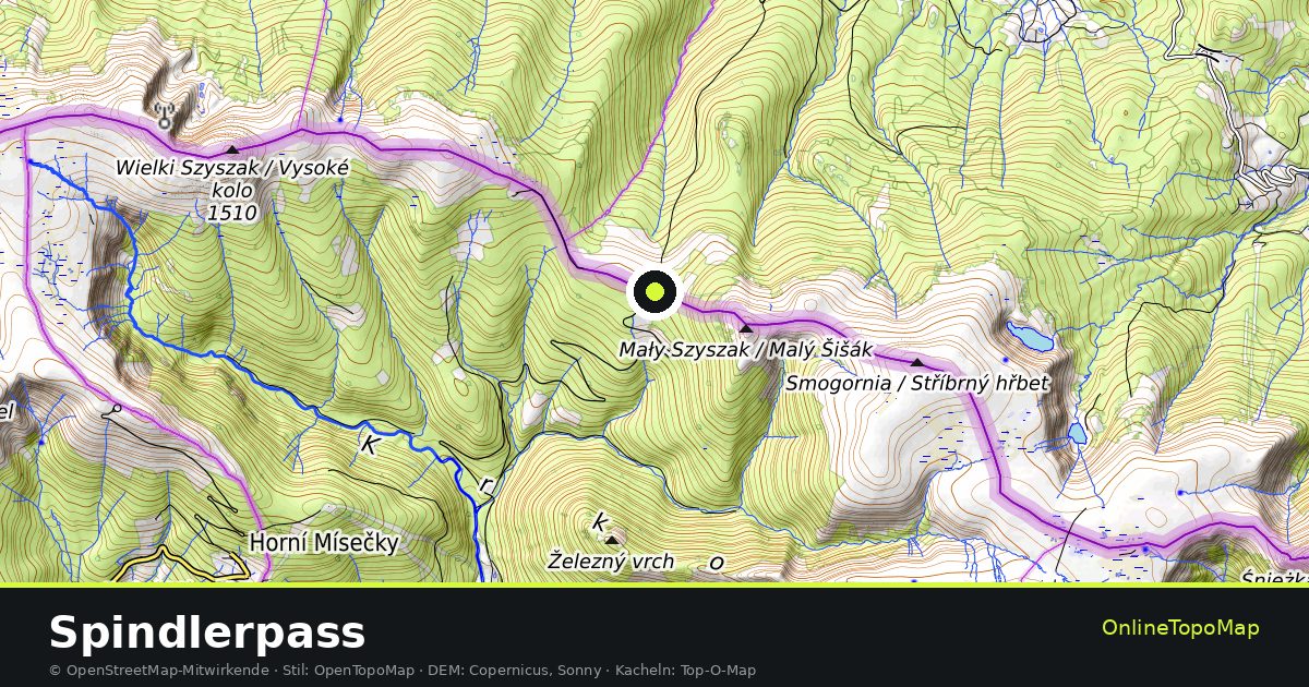 Topographische Karte von Spindlerpass mit Höhenlinien und Geländeschattierung