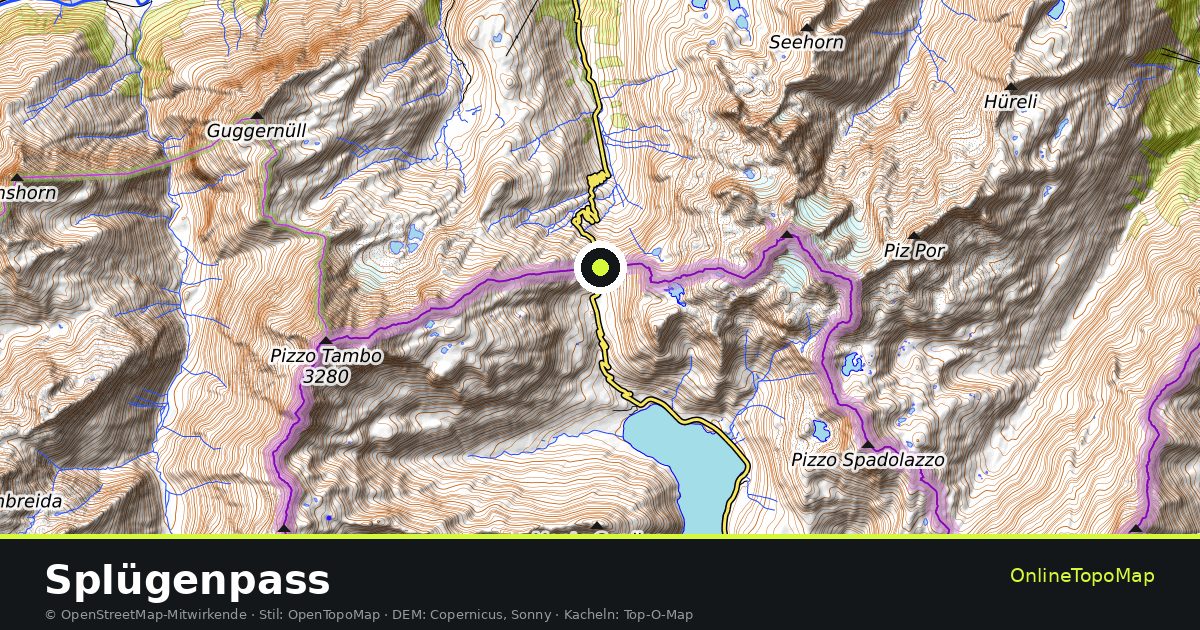 Topographische Karte von Splügenpass mit Höhenlinien und Geländeschattierung