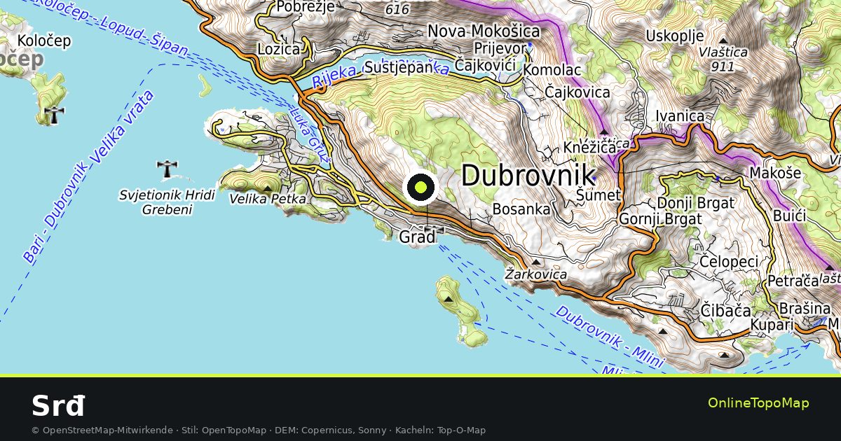 Topographische Karte von Srđ mit Höhenlinien und Geländeschattierung