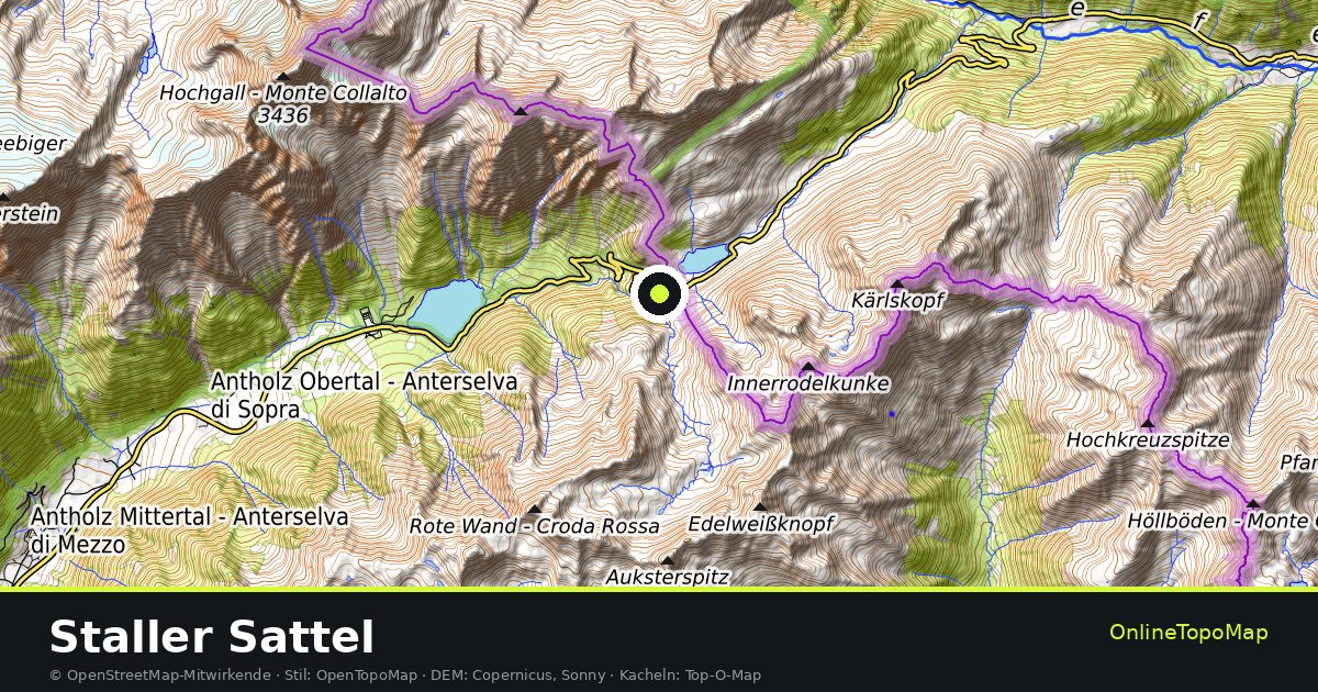 Topographische Karte von Staller Sattel mit Höhenlinien und Geländeschattierung
