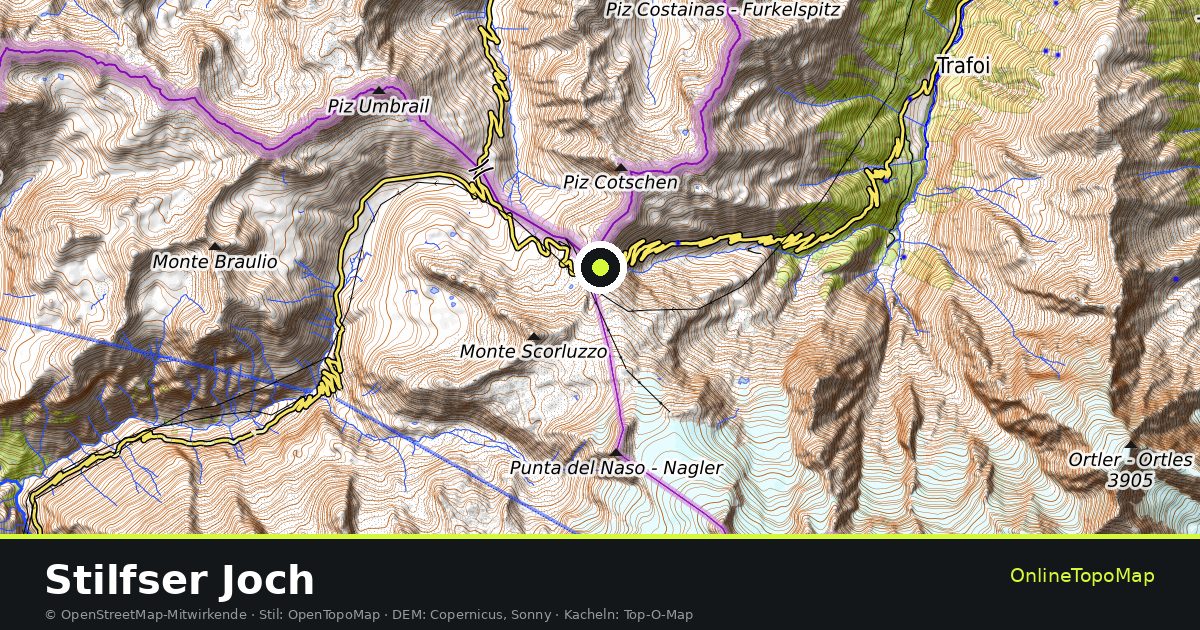 Topographische Karte von Stilfser Joch mit Höhenlinien und Geländeschattierung
