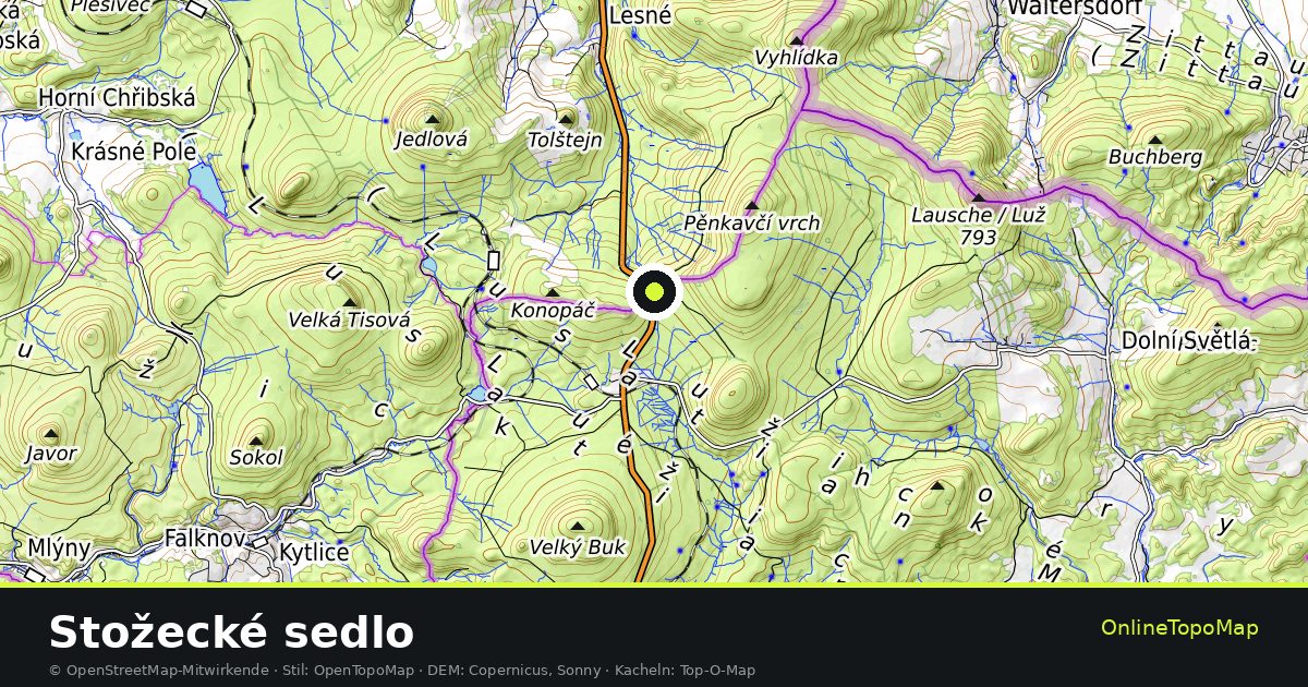 Topographische Karte von Stožecké sedlo mit Höhenlinien und Geländeschattierung