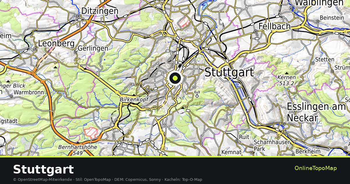 Topographische Karte von Stuttgart mit Höhenlinien und Geländeschattierung