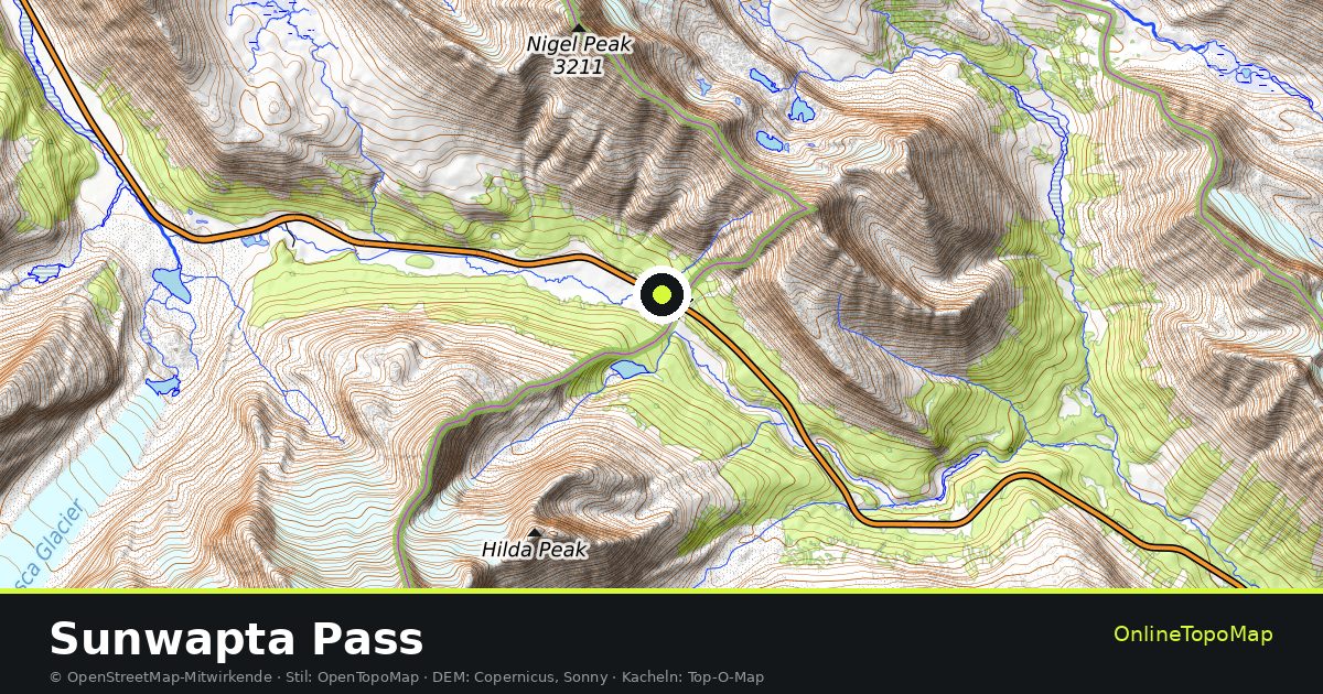 Topographische Karte von Sunwapta Pass mit Höhenlinien und Geländeschattierung