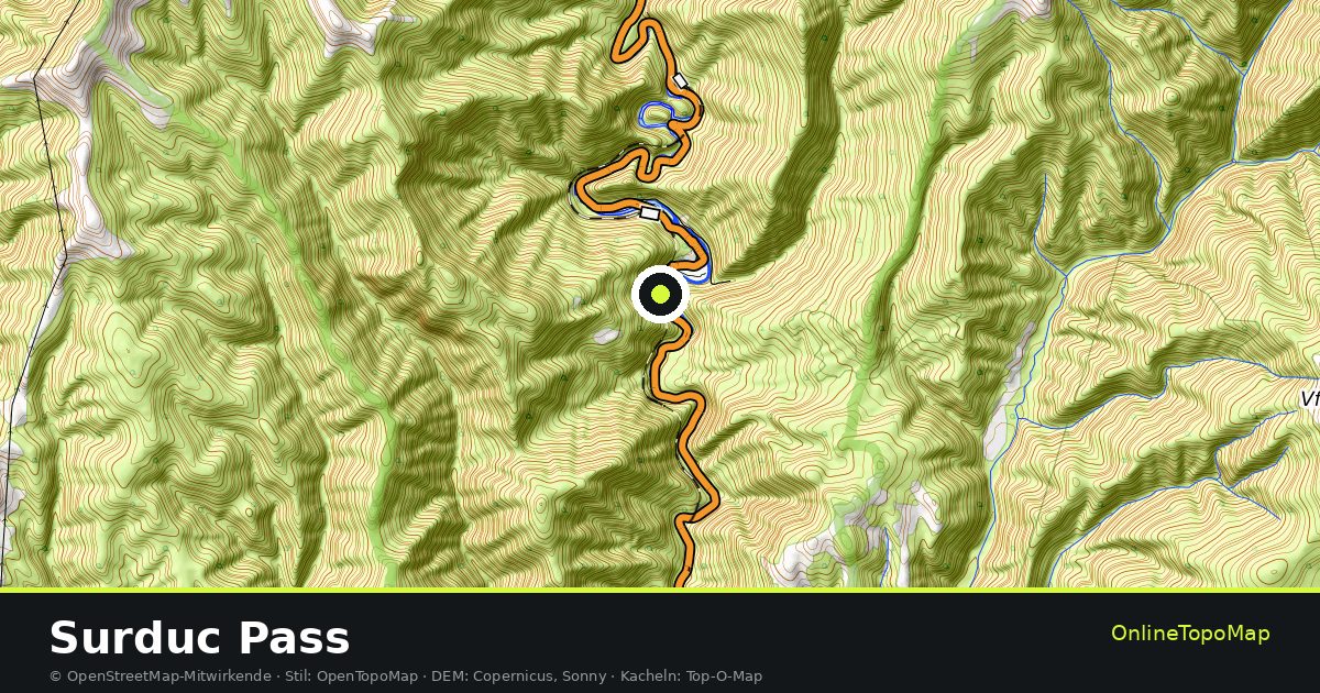 Topographische Karte von Surduc Pass mit Höhenlinien und Geländeschattierung