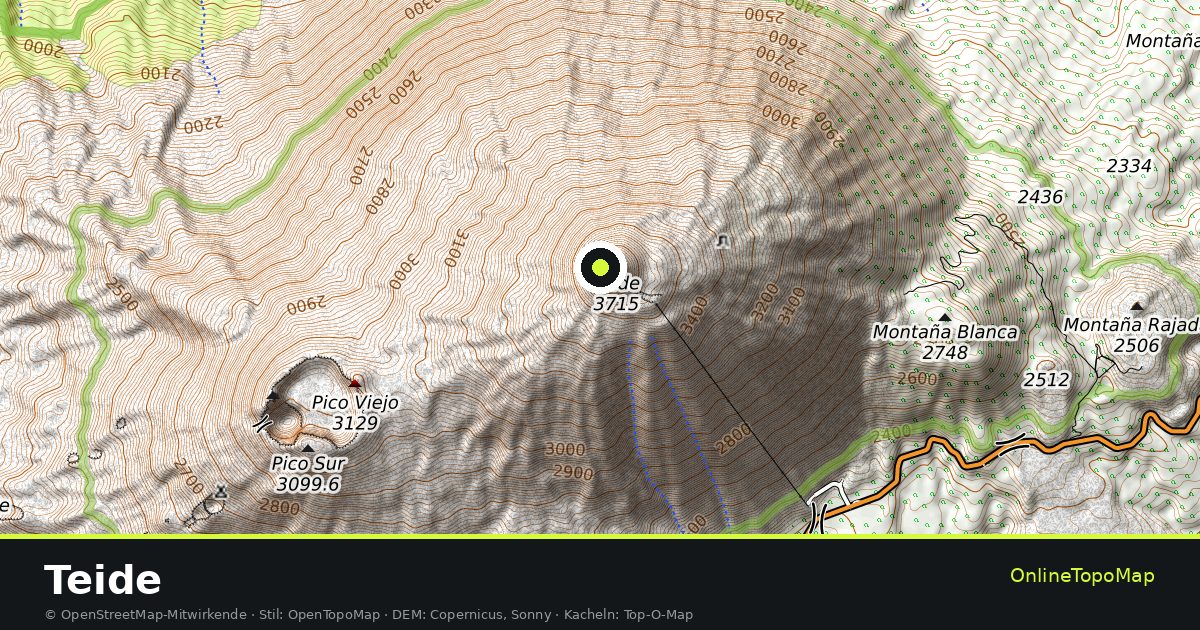 Topographische Karte von Teide mit Höhenlinien und Geländeschattierung