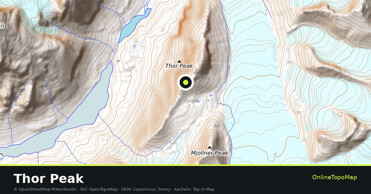 Topographische Karte von Thor Peak mit Höhenlinien und Geländeschattierung