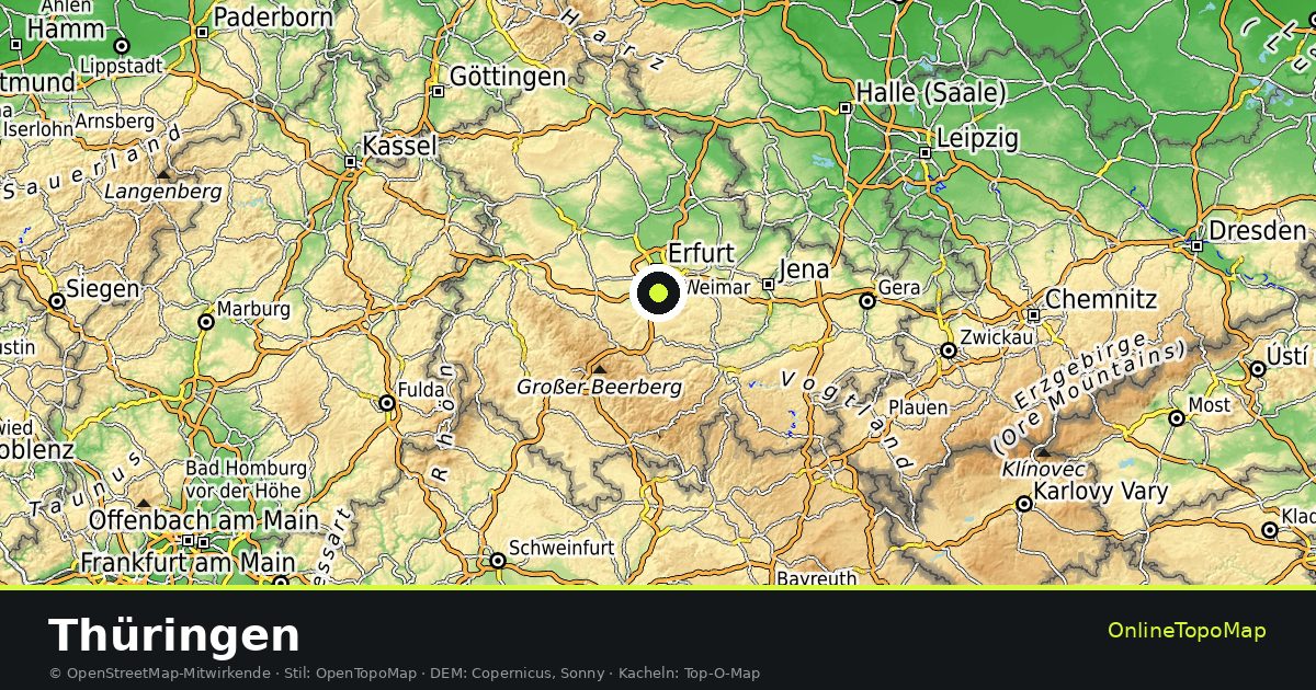 Topographische Karte von Thüringen mit Höhenlinien und Geländeschattierung