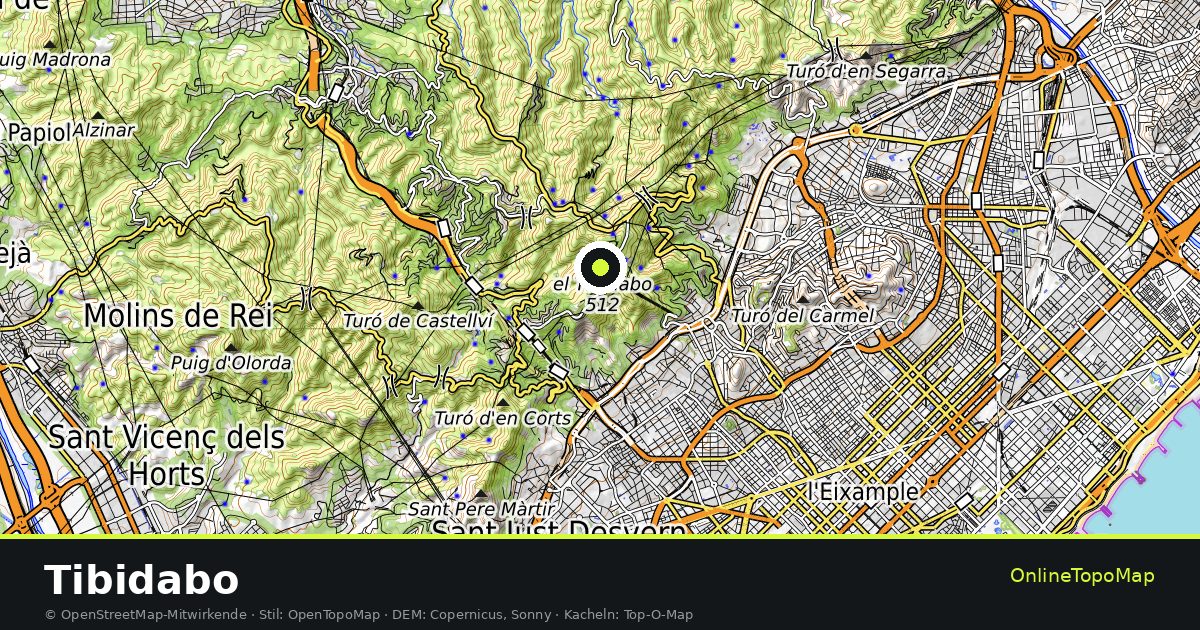 Topographische Karte von Tibidabo mit Höhenlinien und Geländeschattierung