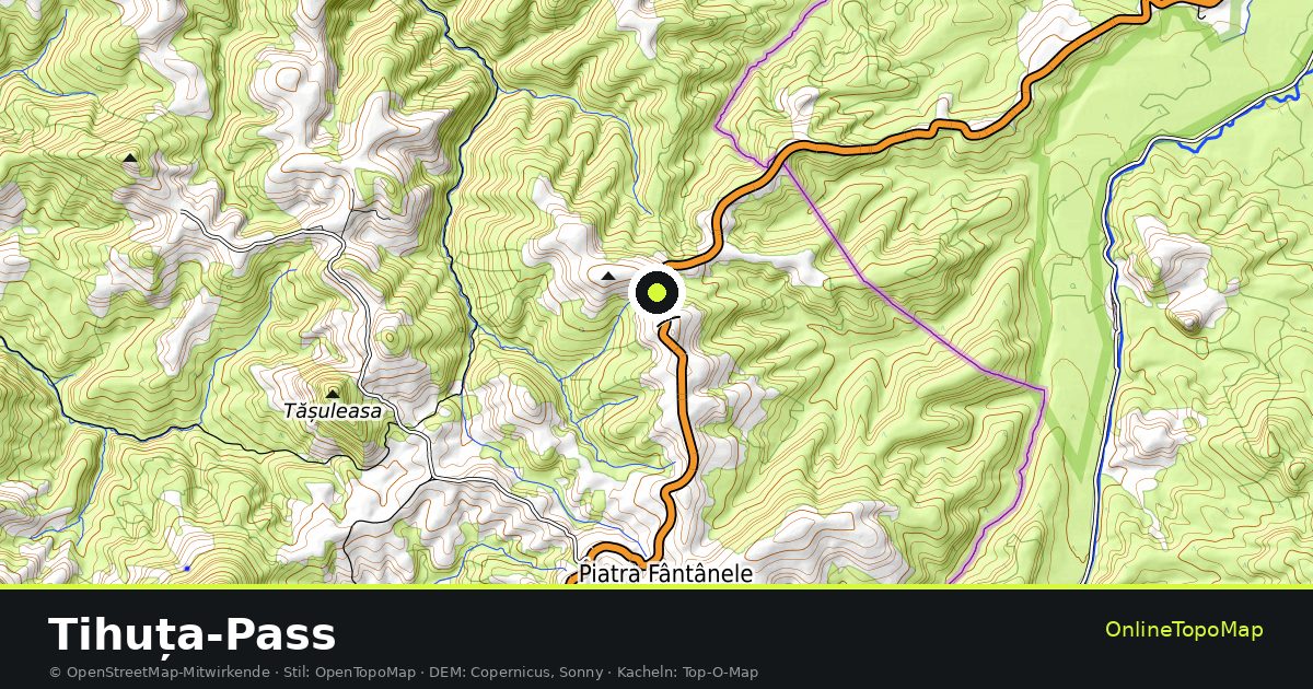 Topographische Karte von Tihuța-Pass mit Höhenlinien und Geländeschattierung