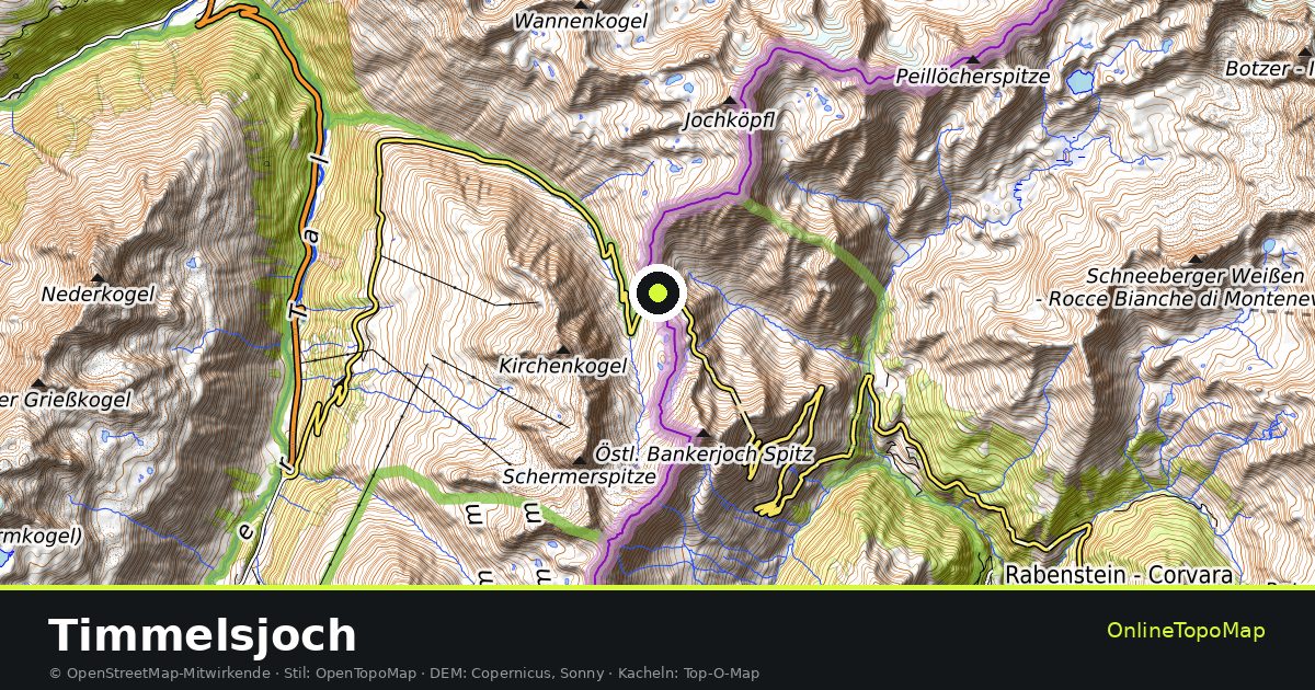Topographische Karte von Timmelsjoch mit Höhenlinien und Geländeschattierung