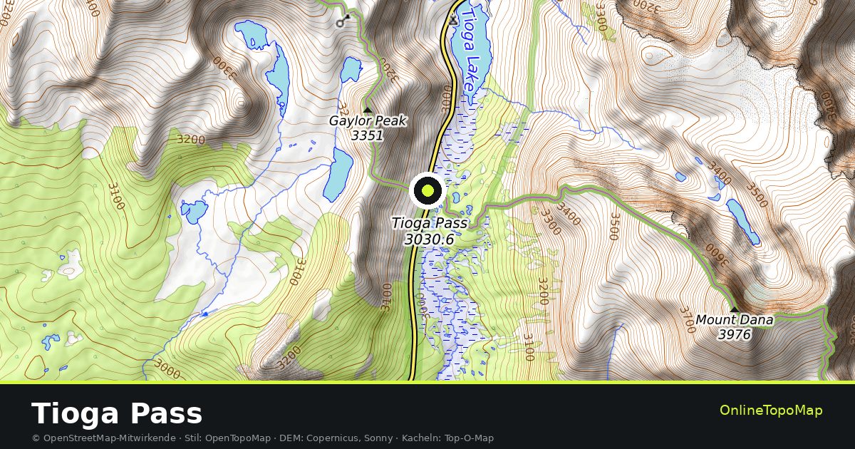 Topographische Karte von Tioga Pass mit Höhenlinien und Geländeschattierung