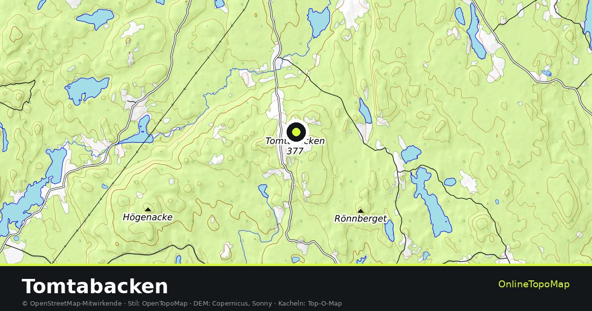 Topographische Karte von Tomtabacken mit Höhenlinien und Geländeschattierung
