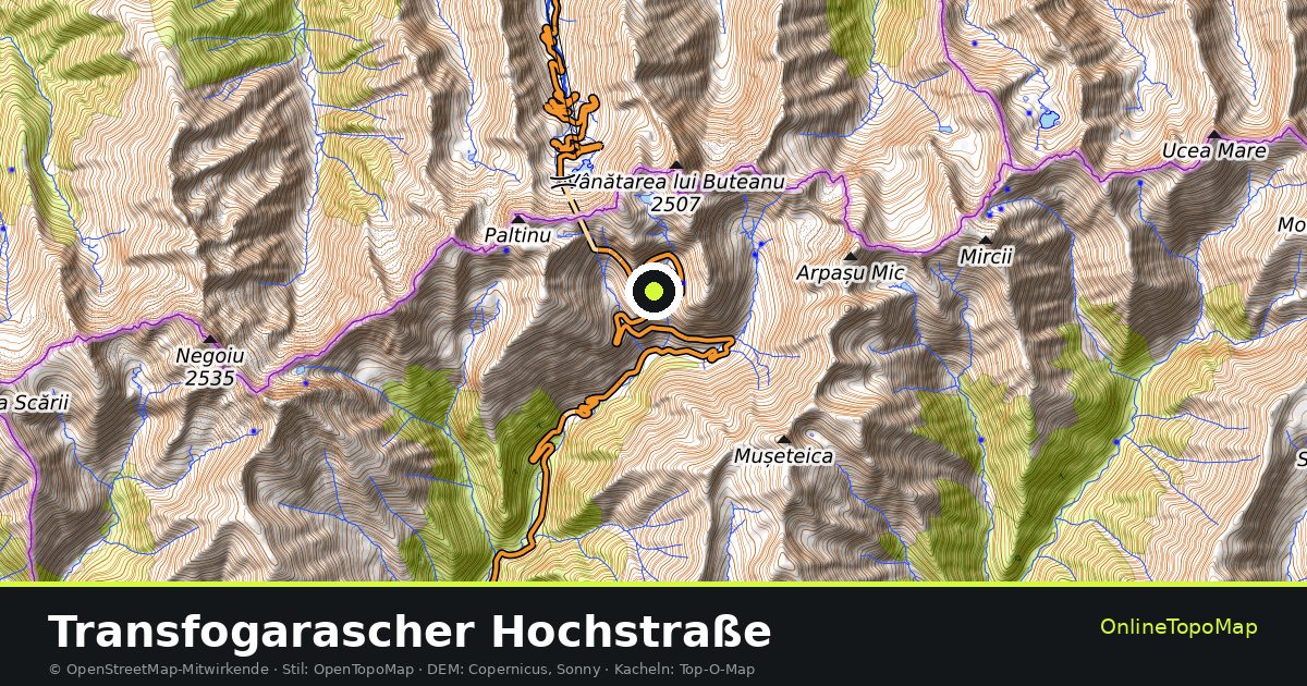 Topographische Karte von Transfogarascher Hochstraße mit Höhenlinien und Geländeschattierung