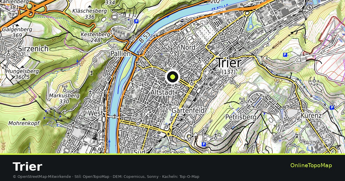 Topographische Karte von Trier mit Höhenlinien und Geländeschattierung