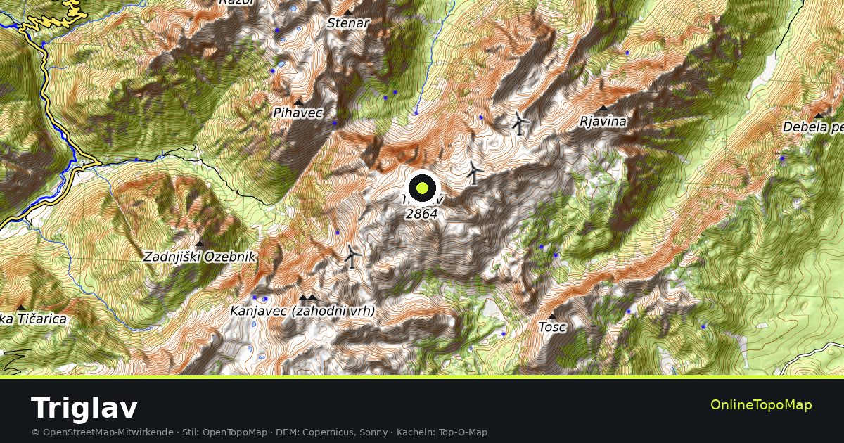 Topographische Karte von Triglav mit Höhenlinien und Geländeschattierung
