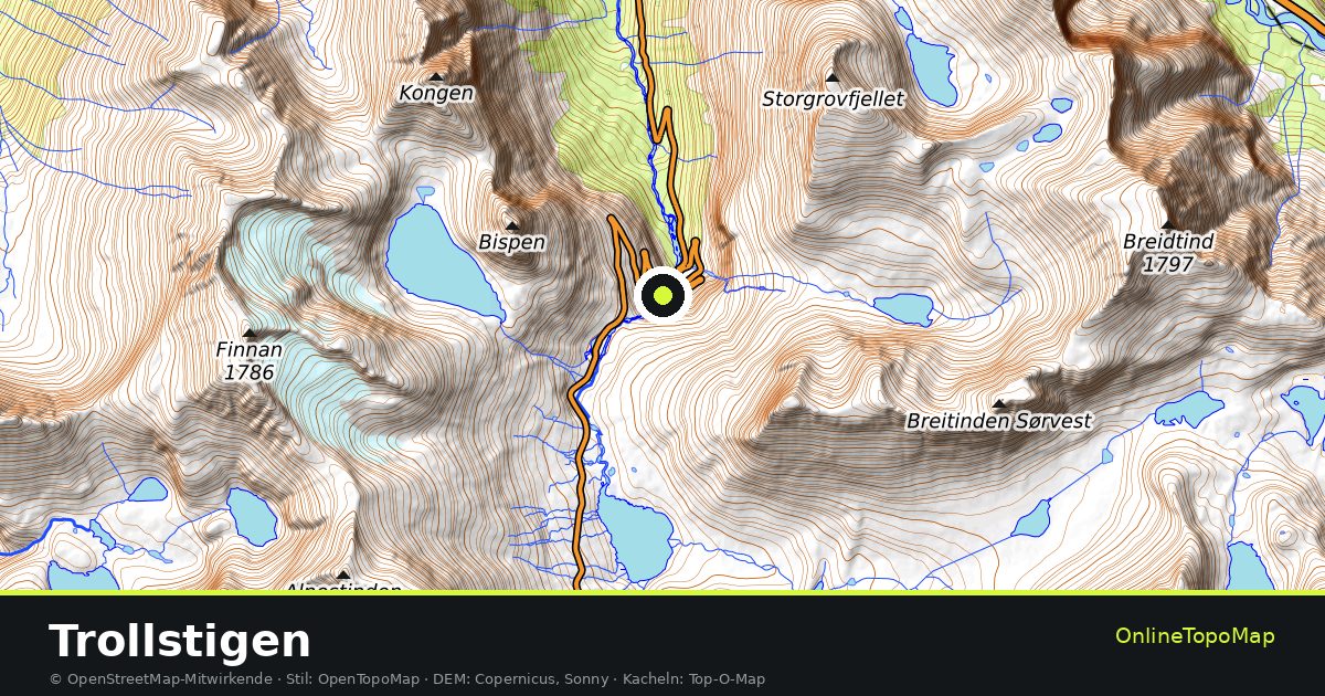 Topographische Karte von Trollstigen mit Höhenlinien und Geländeschattierung