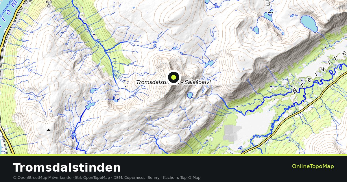 Topographische Karte von Tromsdalstinden mit Höhenlinien und Geländeschattierung