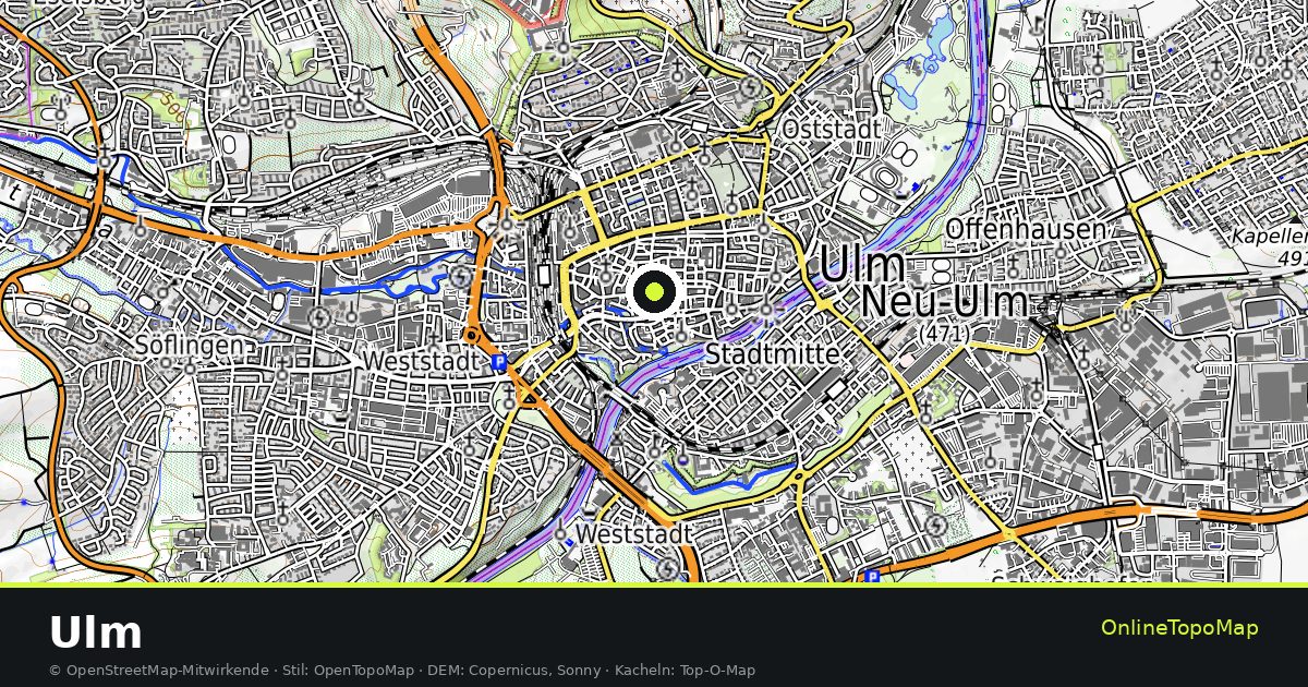 Topographische Karte von Ulm mit Höhenlinien und Geländeschattierung