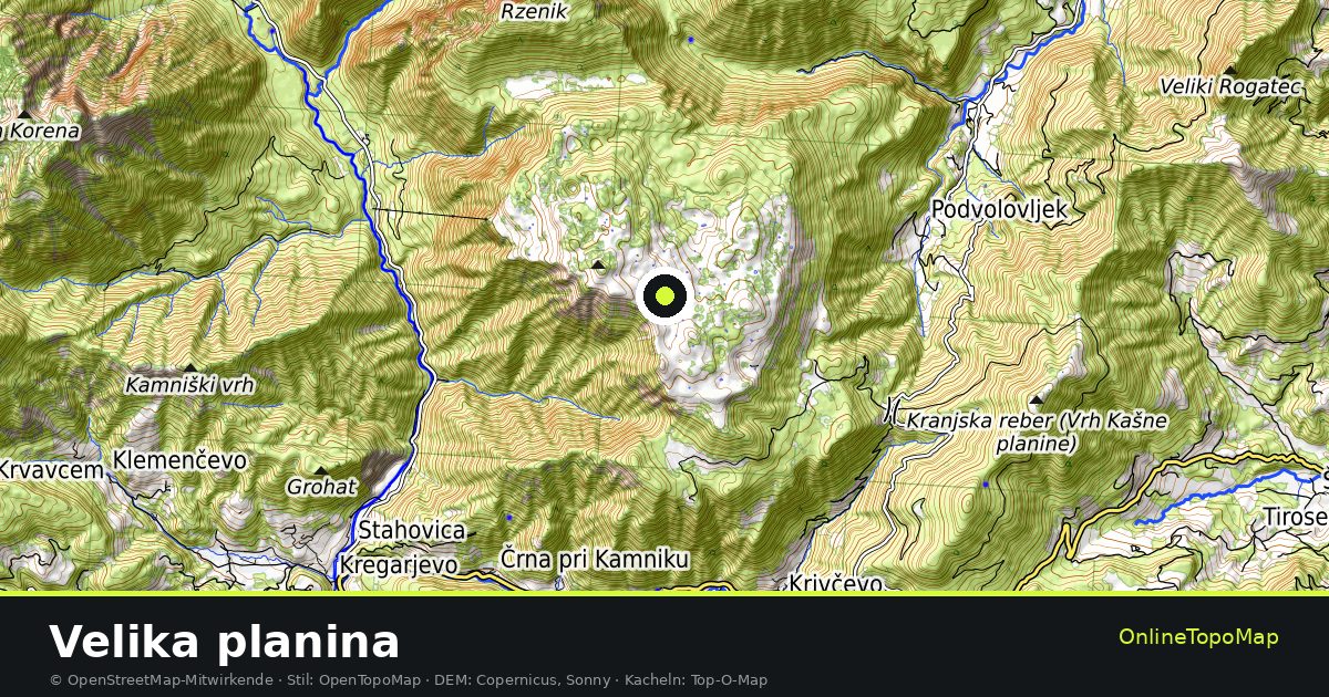 Topographische Karte von Velika planina mit Höhenlinien und Geländeschattierung
