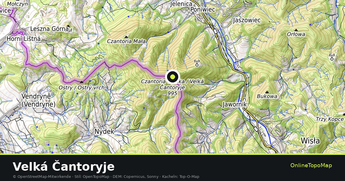 Topographische Karte von Velká Čantoryje mit Höhenlinien und Geländeschattierung