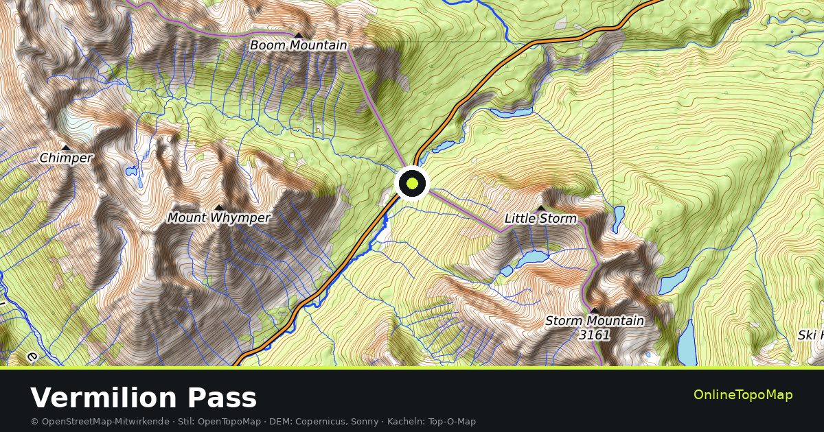 Topographische Karte von Vermilion Pass mit Höhenlinien und Geländeschattierung