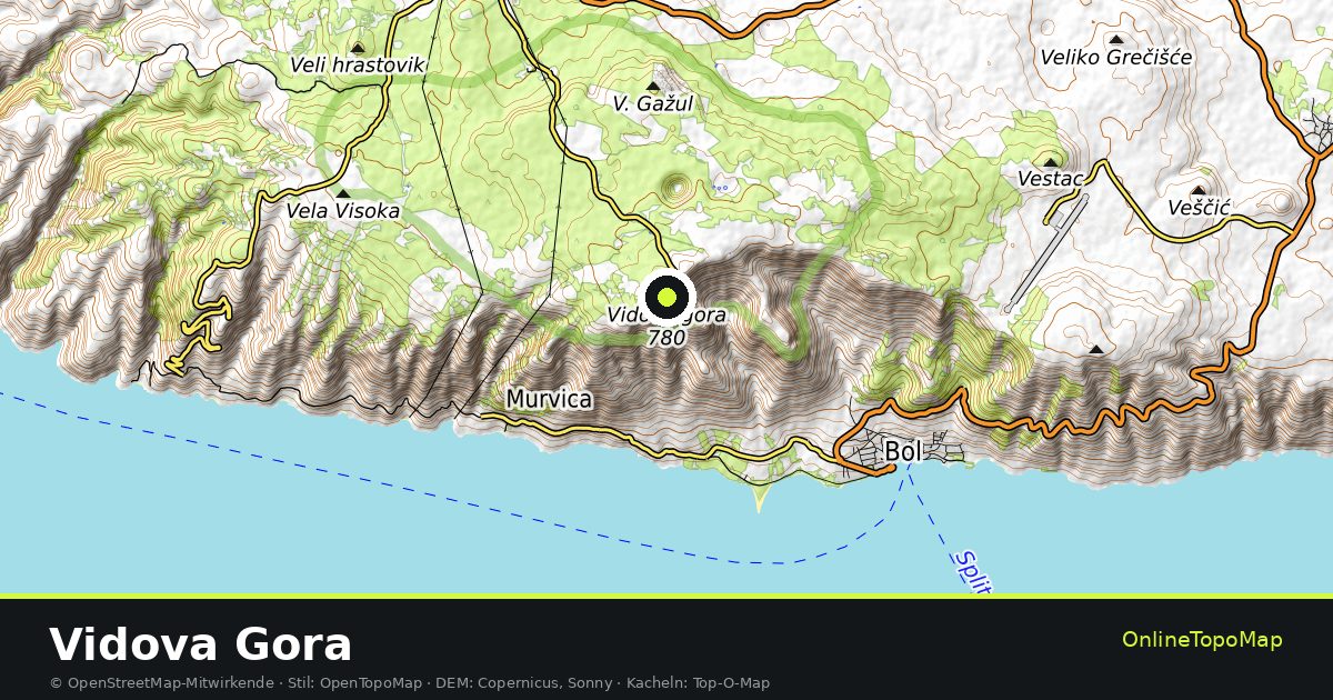 Topographische Karte von Vidova Gora mit Höhenlinien und Geländeschattierung